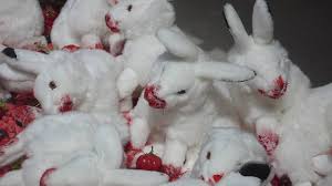 Legion of killer white bunnies with red blood stains on their mouths after Knight massicre in the movie, Monty Python's The Holy Grail